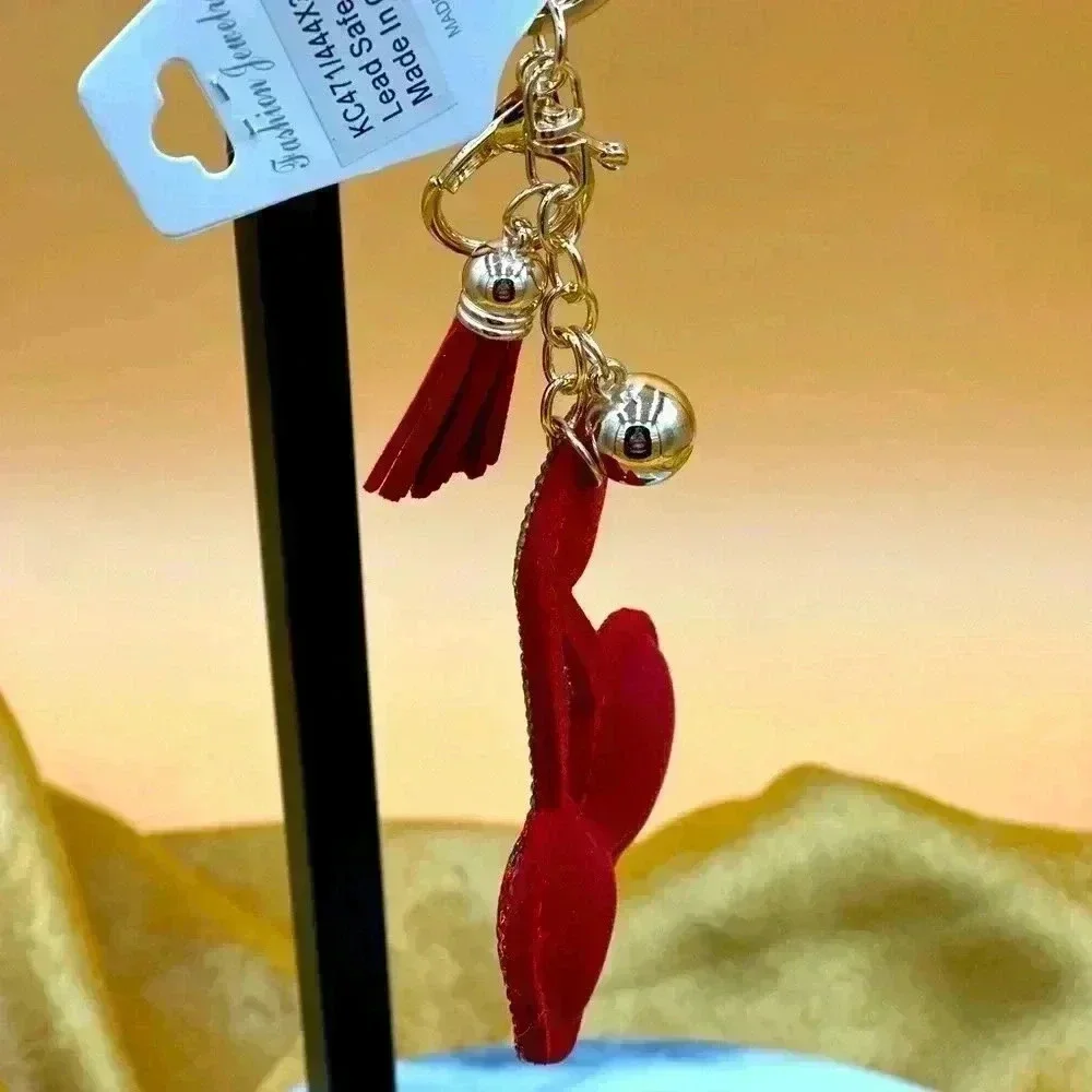 NWT Red Cherry Bag Charm or Keychain Ring Stainless Steel Flat Gem Cherries…